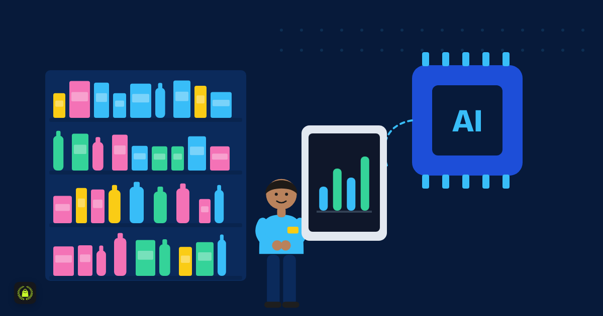 Illustration of a store associate holding a tablet with a bar chart, beside an AI chip connected by a dotted line and a well-stocked shelf