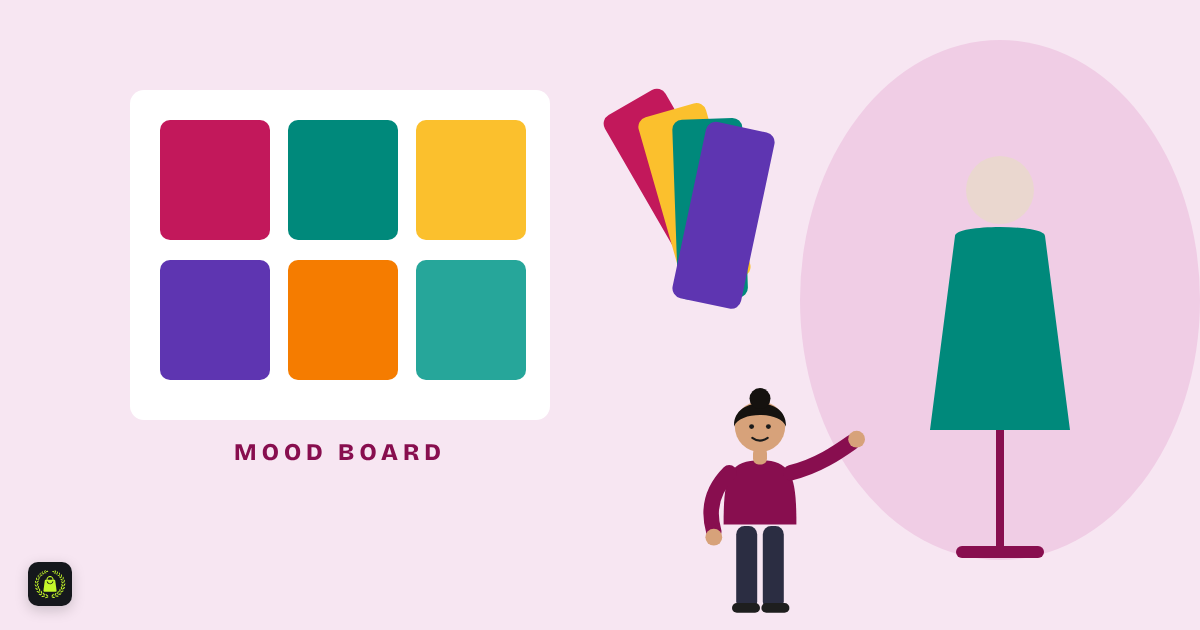 Illustration of a visual merchandiser pointing at a mood board of colour squares, with fabric swatches and a dressed mannequin