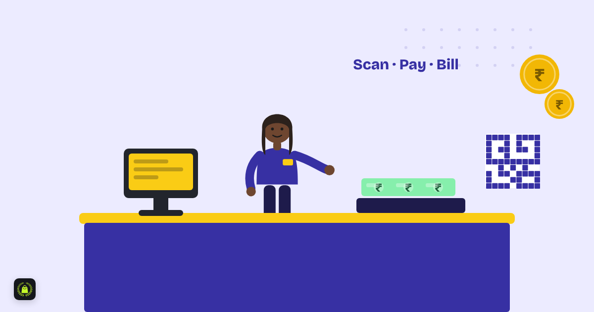 Illustration of a cashier at a billing counter with a POS screen, a cash drawer of notes, a UPI QR code and rupee coins, with the words scan, pay, bill