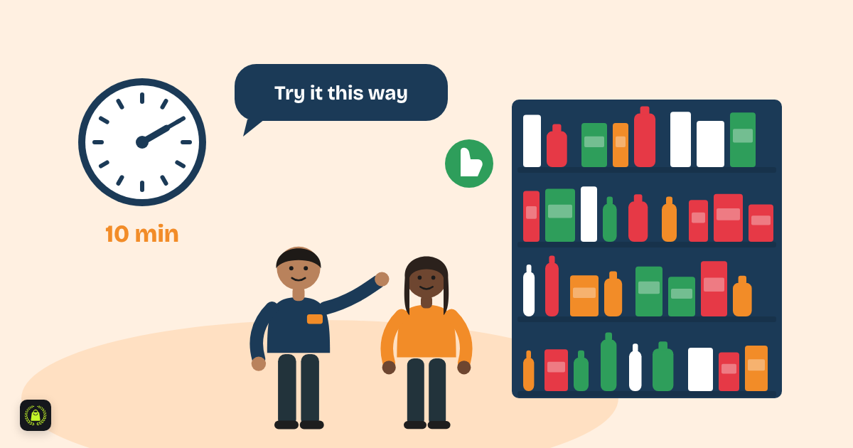 Illustration of a supervisor pointing towards a shelf while coaching a team member, with a speech bubble saying try it this way, a thumbs-up and a ten-minute clock