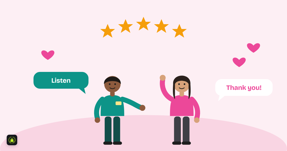 Illustration of a store associate listening to a happy customer, with five gold stars, hearts and speech bubbles saying listen and thank you
