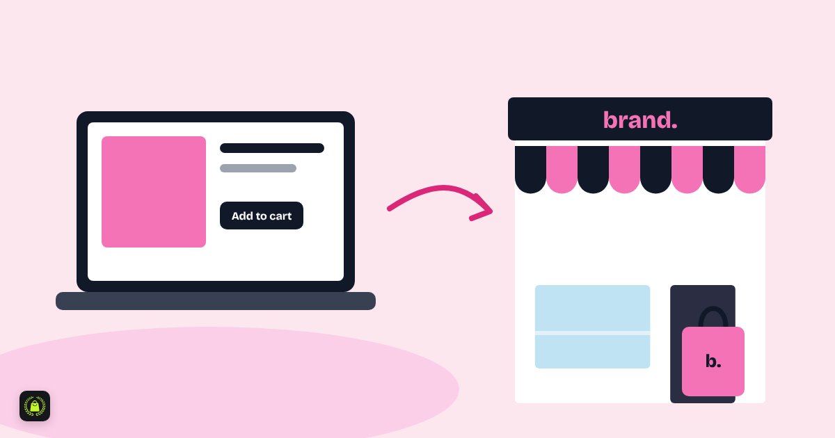 Illustration of a laptop showing a product page with add to cart, an arrow pointing to a pink and black brand storefront with a shopping bag