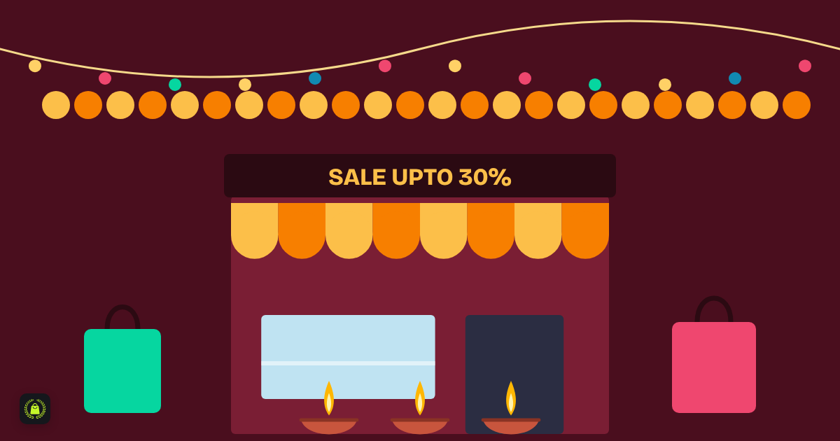 Illustration of a festive storefront with a sale sign, marigold garlands, string lights, diyas and shopping bags