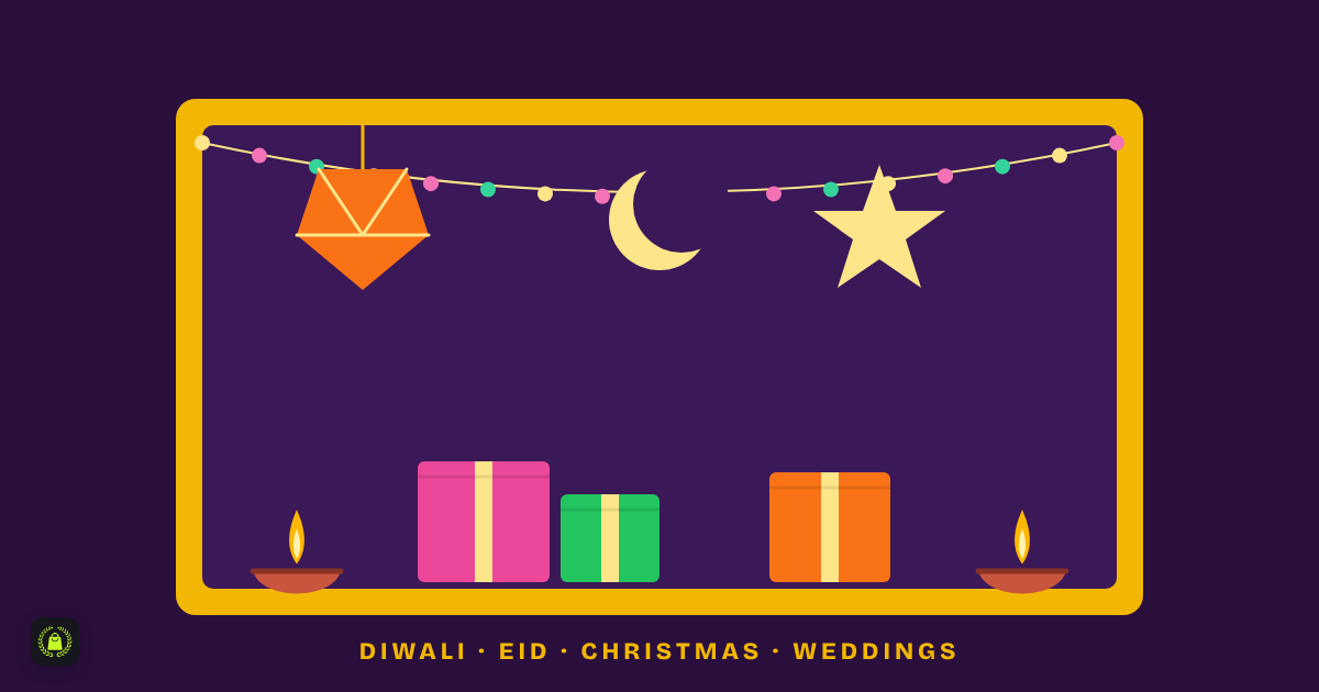 Illustration of a festive shop window with a paper lantern, crescent moon, star, string lights, gift boxes and diyas, captioned Diwali, Eid, Christmas, weddings