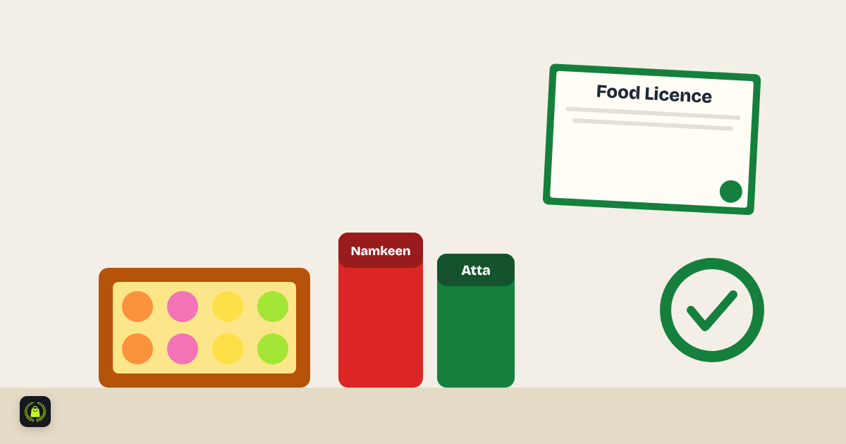 Illustration of a sweets box, packaged namkeen and atta beside a framed food licence and a green tick badge