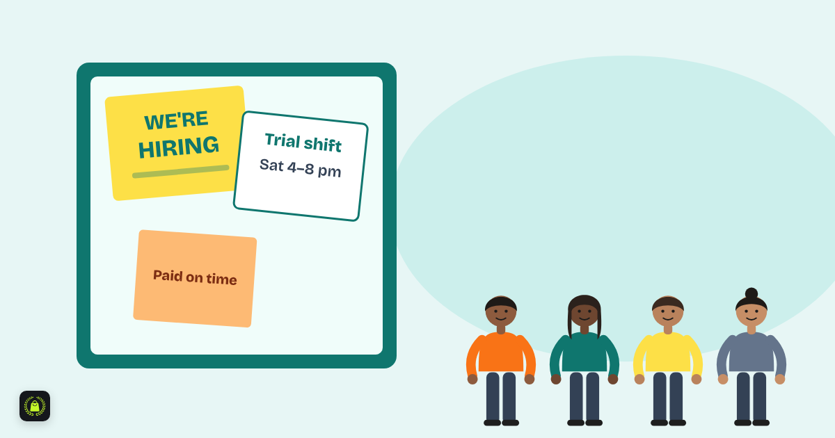 Illustration of a hiring notice board with We are hiring, trial shift and paid on time notes, and four candidates waiting in line