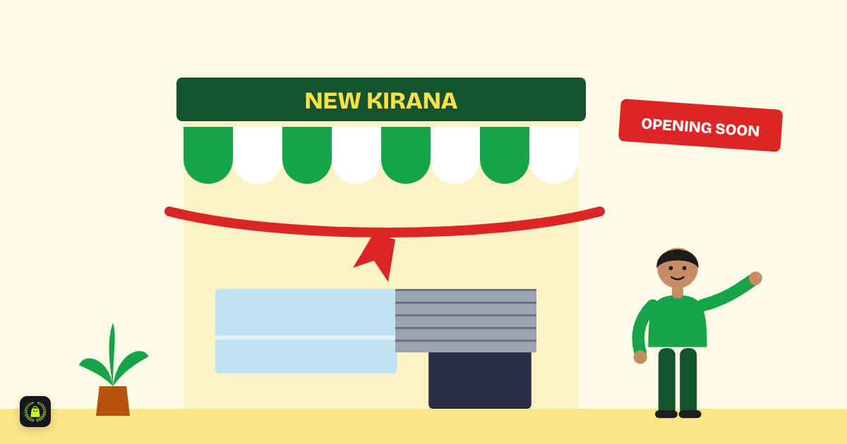 Illustration of a new kirana store with a green awning, a half-raised shutter, a red ribbon and an opening soon banner, with the owner pointing at it