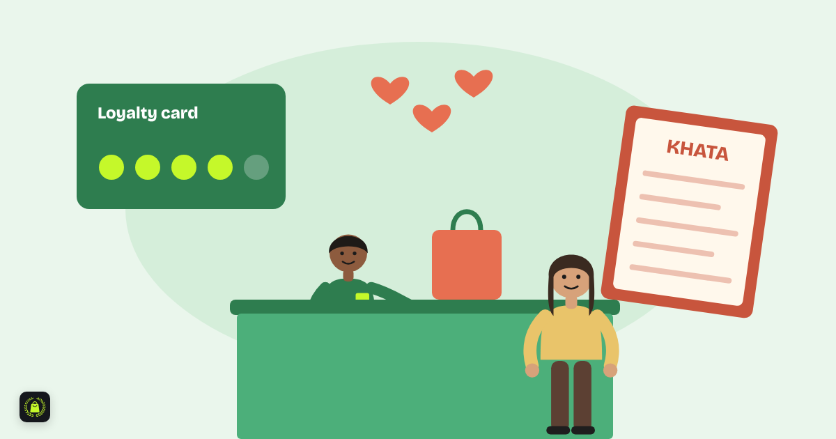 Illustration of a shopkeeper behind a green counter serving a customer, with a loyalty stamp card, a khata ledger and hearts
