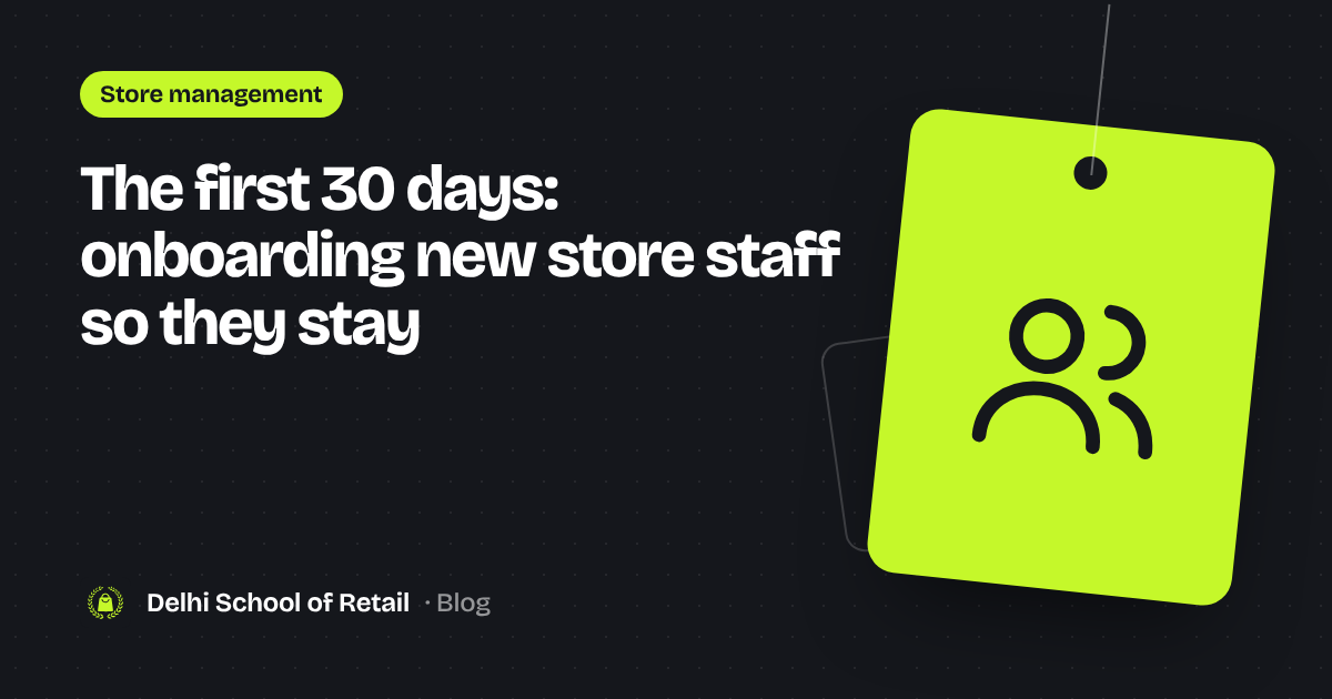 Illustration of a team of people on a lime price tag, for onboarding store staff