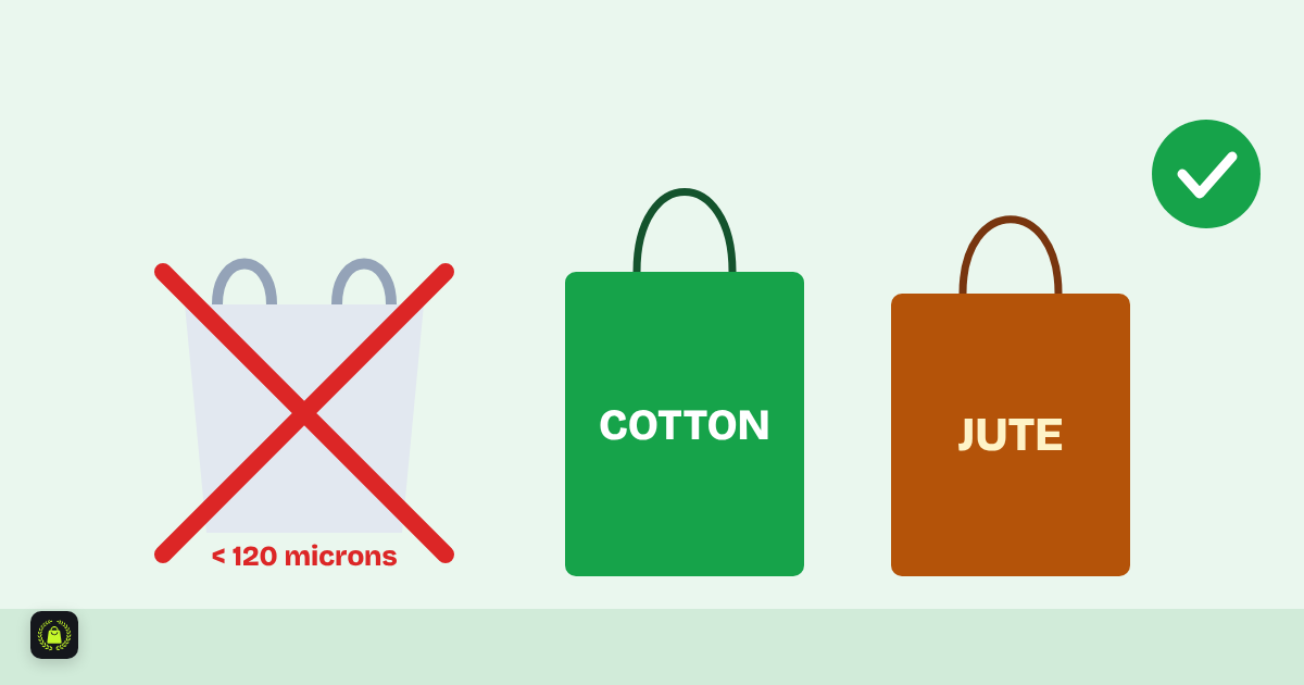 Illustration of a thin plastic bag crossed out in red labelled under 120 microns, beside a green cotton bag and a brown jute bag with a green tick
