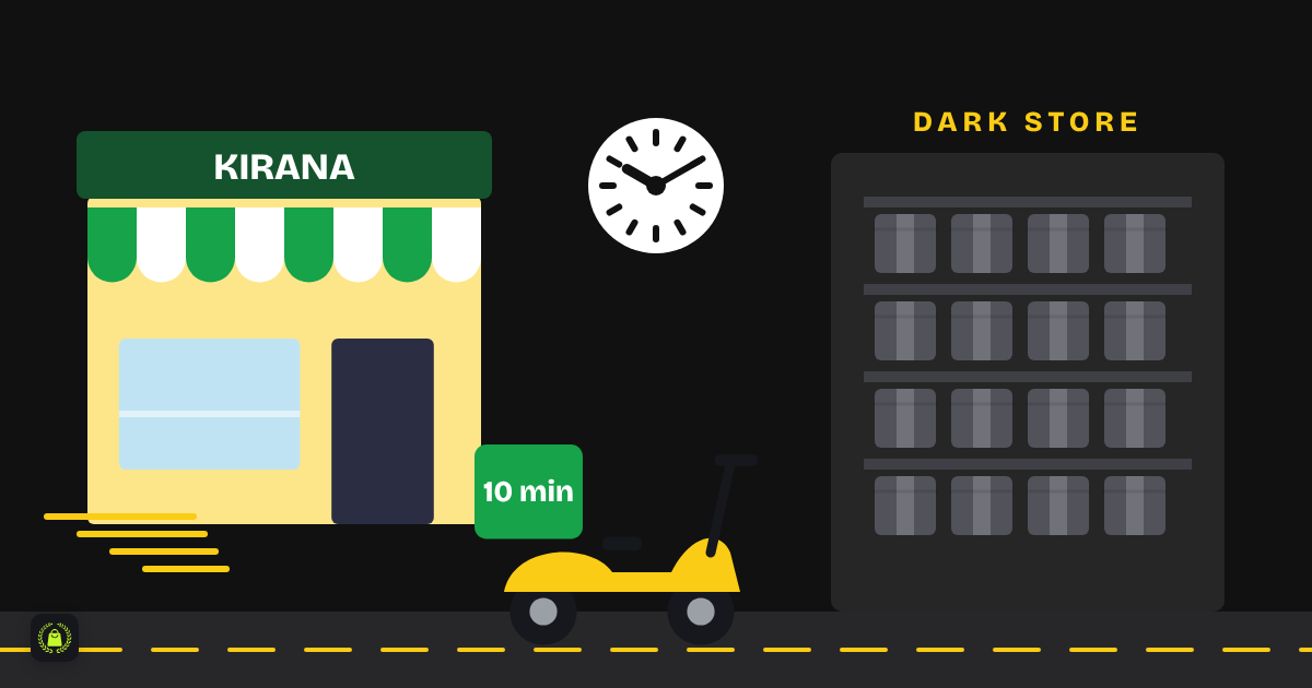 Illustration of a delivery scooter speeding past a kirana shop towards a dark store full of shelves, with a clock and a 10 minute label