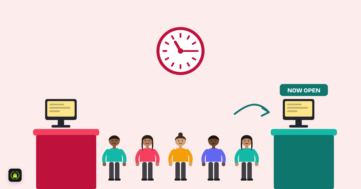 Illustration of a line of customers waiting at a red billing counter while a second teal counter marked now open appears, with a wall clock