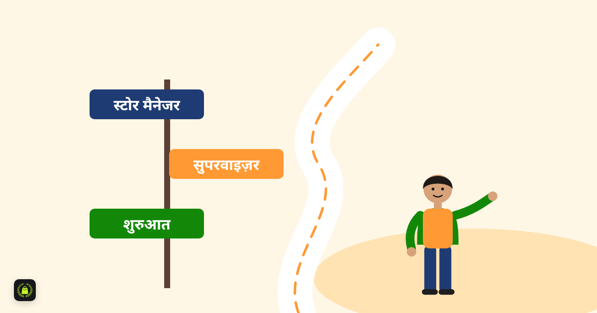 सड़क के किनारे लगे साइनबोर्ड पर शुरुआत, सुपरवाइज़र और स्टोर मैनेजर लिखा है, पास में एक युवा रास्ता दिखा रहा है