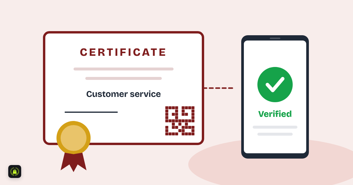 Illustration of a customer service certificate with a gold seal and QR code, linked to a phone screen showing Verified