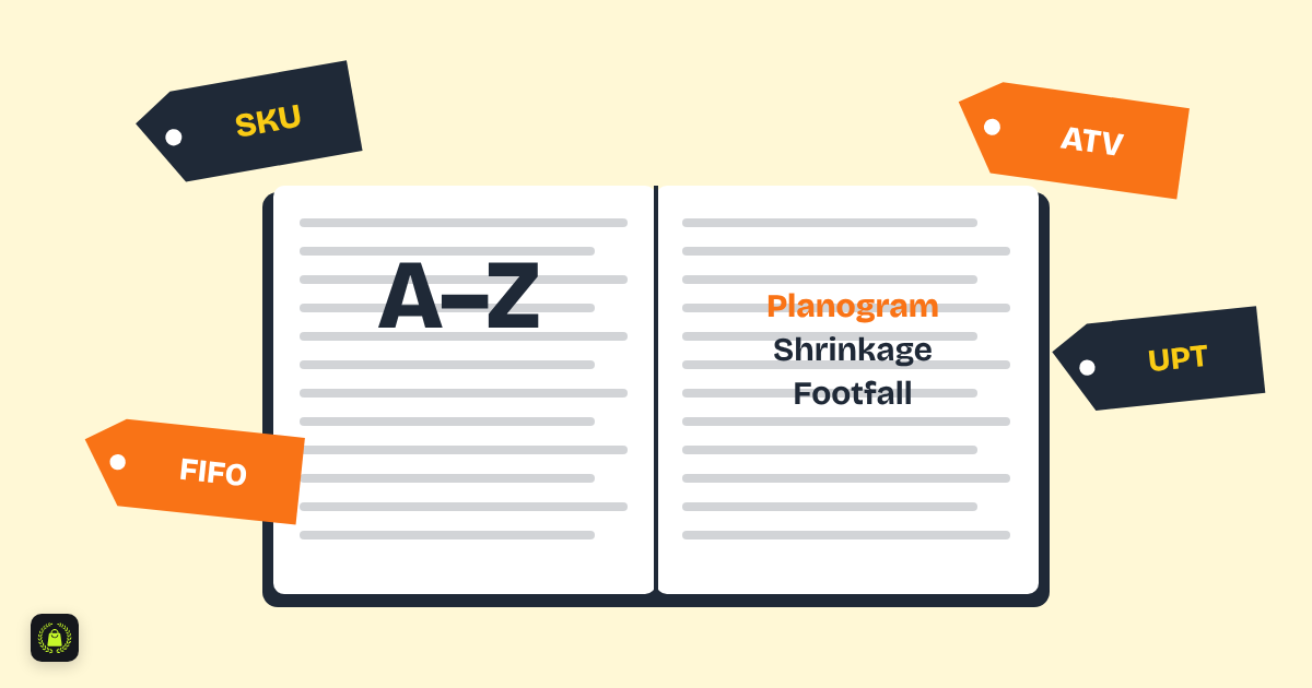 Illustration of an open dictionary with A to Z and the words planogram, shrinkage and footfall, surrounded by tags reading SKU, ATV, UPT and FIFO