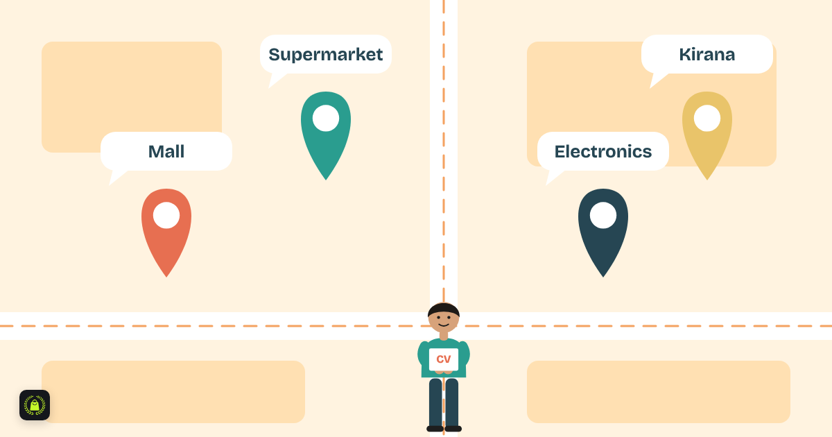 Illustration of a young job seeker holding a CV at a crossroads, with map pins on a mall, supermarket, electronics store and kirana