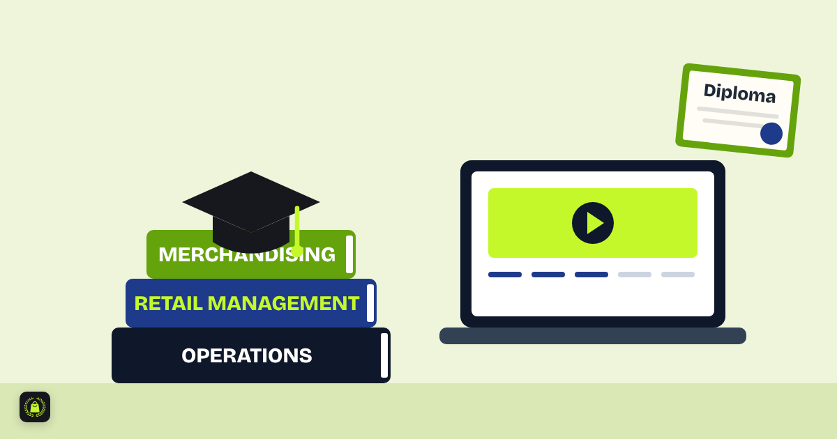 Illustration of a graduation cap on books titled retail management, merchandising and operations, beside a laptop playing a lesson and a framed diploma