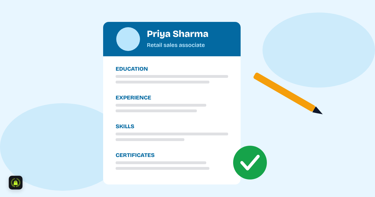 Illustration of a one-page resume for a retail sales associate with education, experience, skills and certificate sections, a pencil and a green tick