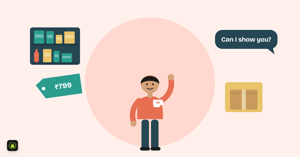 Illustration of a smiling sales associate with a name badge waving, surrounded by a shelf, a price tag, a stock box and a speech bubble saying can I show you