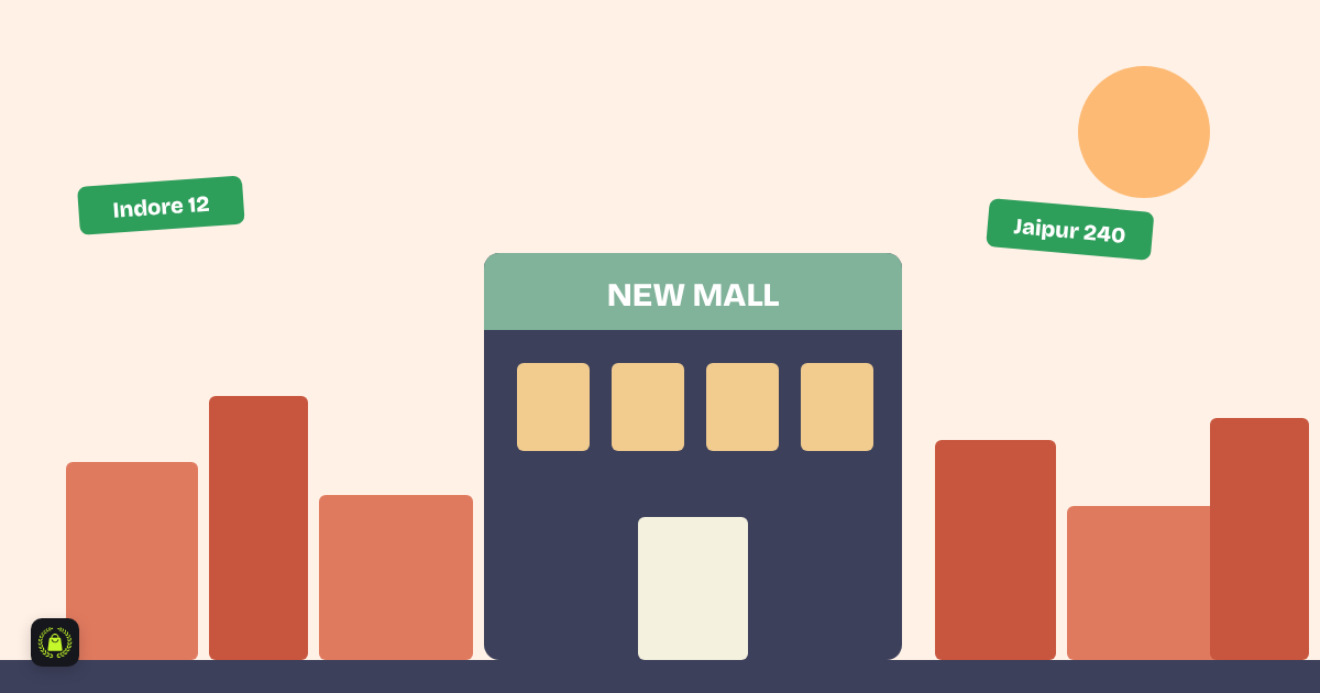 Illustration of a small-city skyline with a new mall in the centre and green road signs for Indore and Jaipur