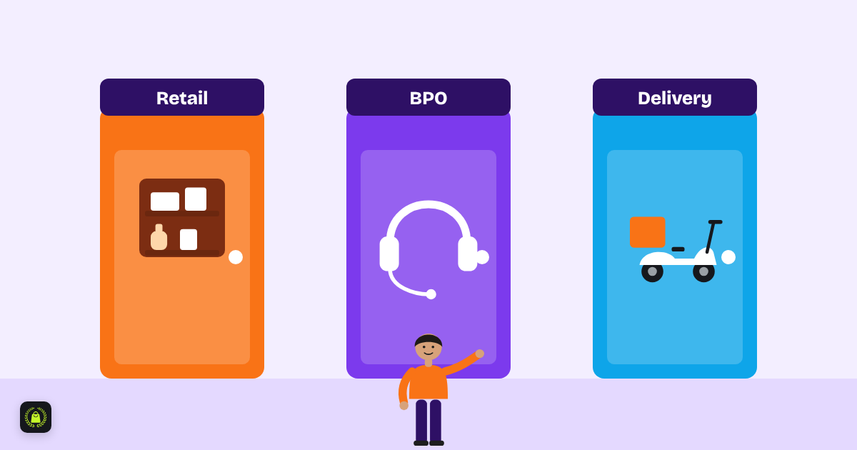 Illustration of three doors labelled retail, BPO and delivery, with a shelf, a headset and a scooter, and a young person choosing between them