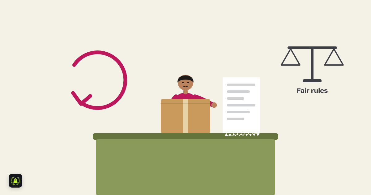 Illustration of a store associate behind a counter receiving a returned box with a receipt, with a circular return arrow and a balance scale labelled fair rules
