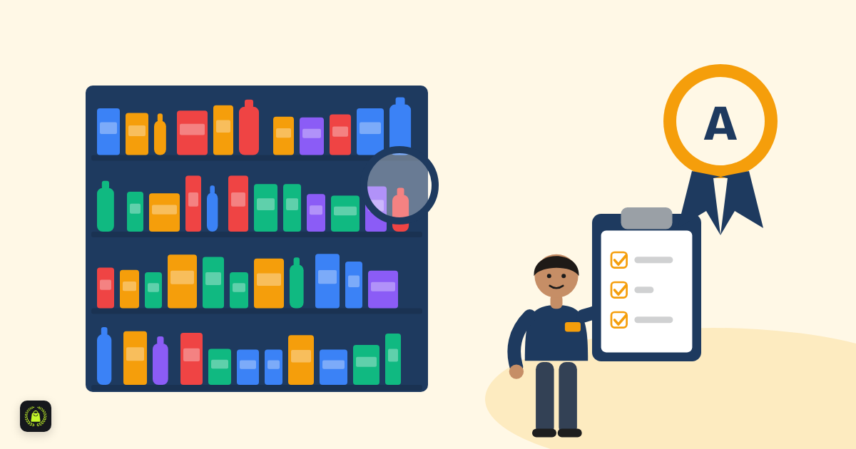 Illustration of an auditor in a navy uniform with a clipboard beside a fully stocked shelf, with a magnifying glass and a grade A badge