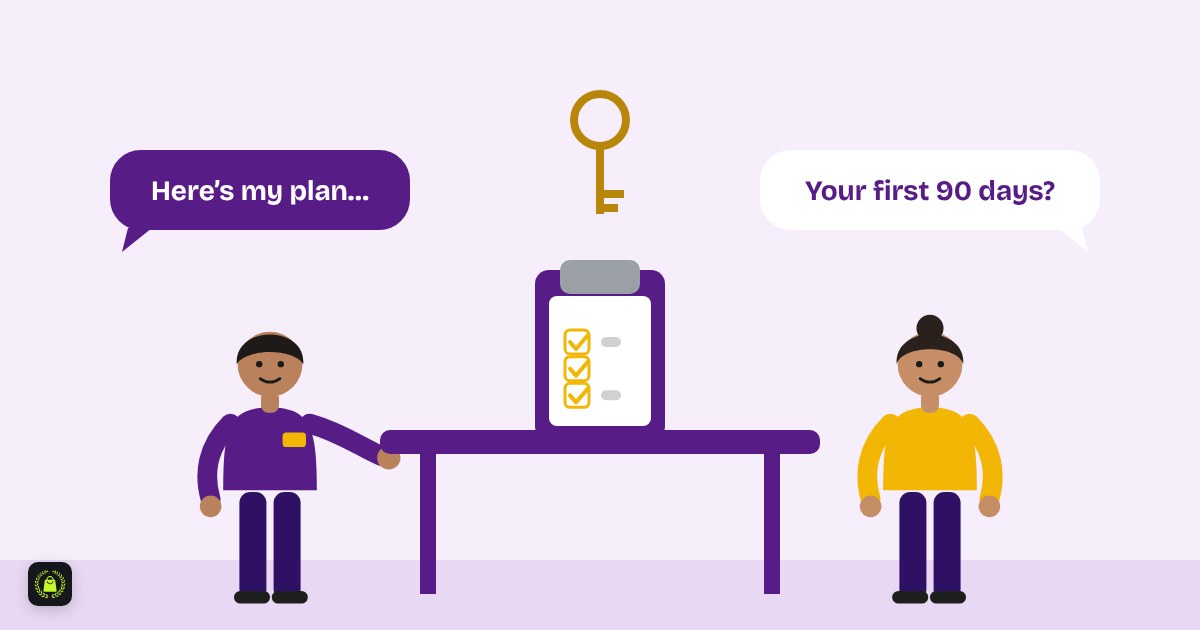 Illustration of a store manager interview at a purple table with a clipboard and a set of keys, speech bubbles saying your first 90 days and here is my plan