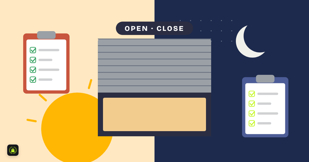Illustration split between sunrise and night, with a half-open shop shutter and a checklist clipboard on each side