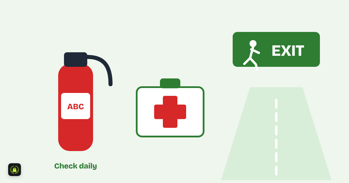 Illustration of a red fire extinguisher, a first-aid box and a green exit sign above a clear aisle