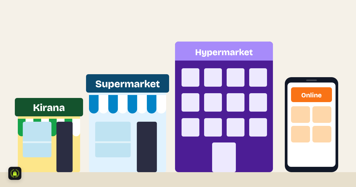 Illustration of four store types side by side: a kirana, a supermarket, a large hypermarket and an online shop on a phone