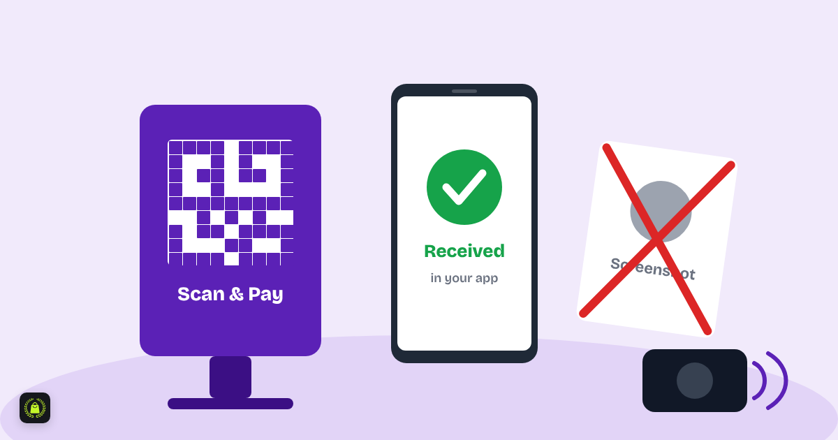 Illustration of a Scan and Pay QR standee, a phone showing payment received, a crossed-out screenshot and a payment sound box