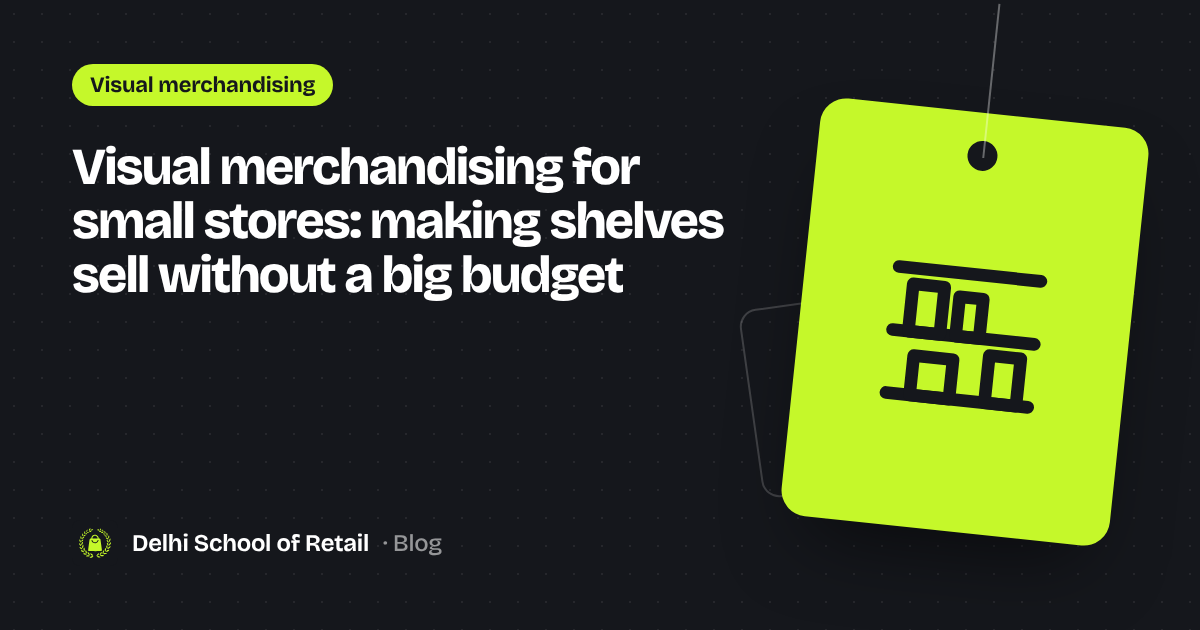 Illustration of store shelves on a lime price tag, for visual merchandising