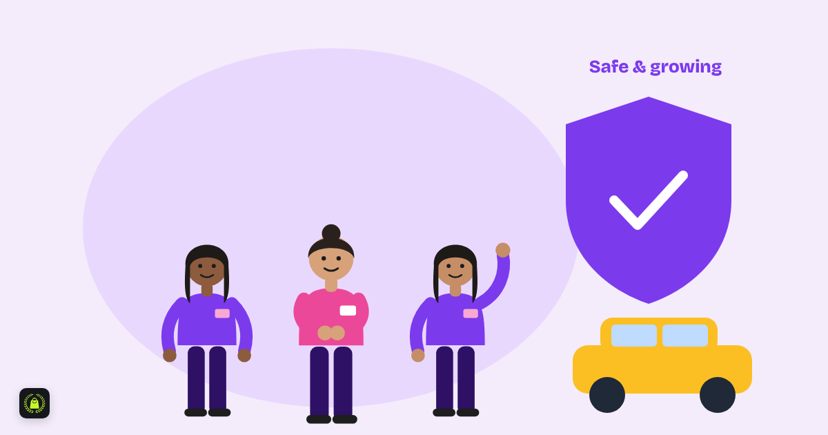 Illustration of three women retail employees in uniform, beside a shield with a tick and a taxi, with the words safe and growing